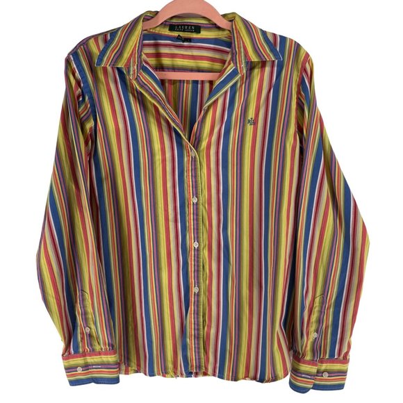 Lauren Ralph Lauren Women's Size Large Button-Down Yellow/Blue/Red Striped Top - Picture 1 of 6